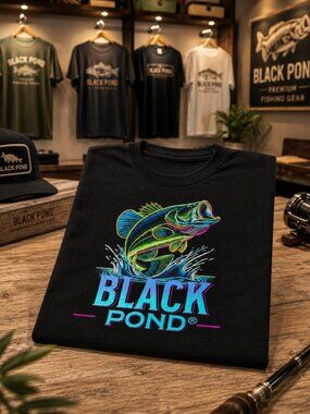 Black Pond Bass Fishing T-shirt Black Cotton